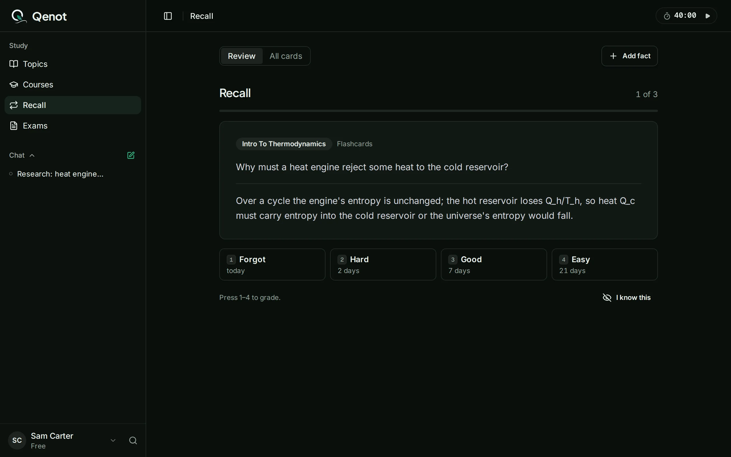 Qenot's Recall screen: a card with its answer shown, and when each choice — forgot, hard, good, easy — would bring it back.